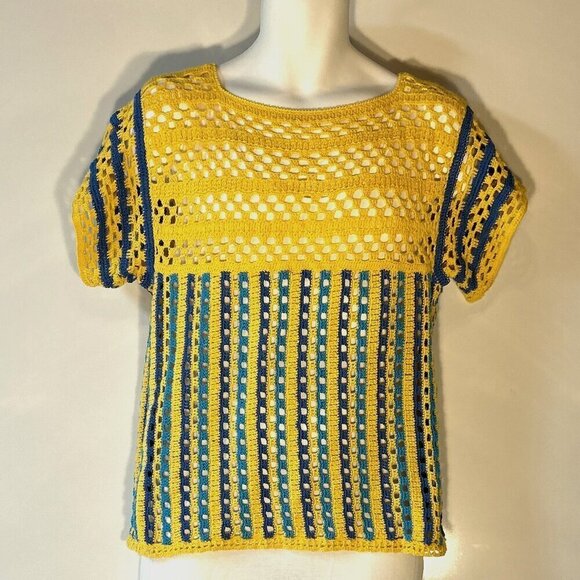 Yellow & Blues SZ S crochet open weave top boho handknit unique mod retro - Picture 1 of 5